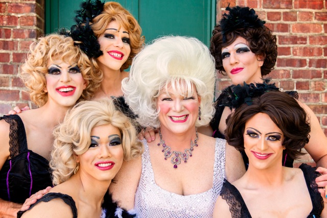 POSING WITH THE CAGELLES: Peter Del Fiorentino, center, stars as Albin in “La Cage aux Folles,” at the Contra Costa Civic Theatre in El Cerrito through July 21. Below, Albin and Dan Kapler (left) as George. Ben Krantz photos