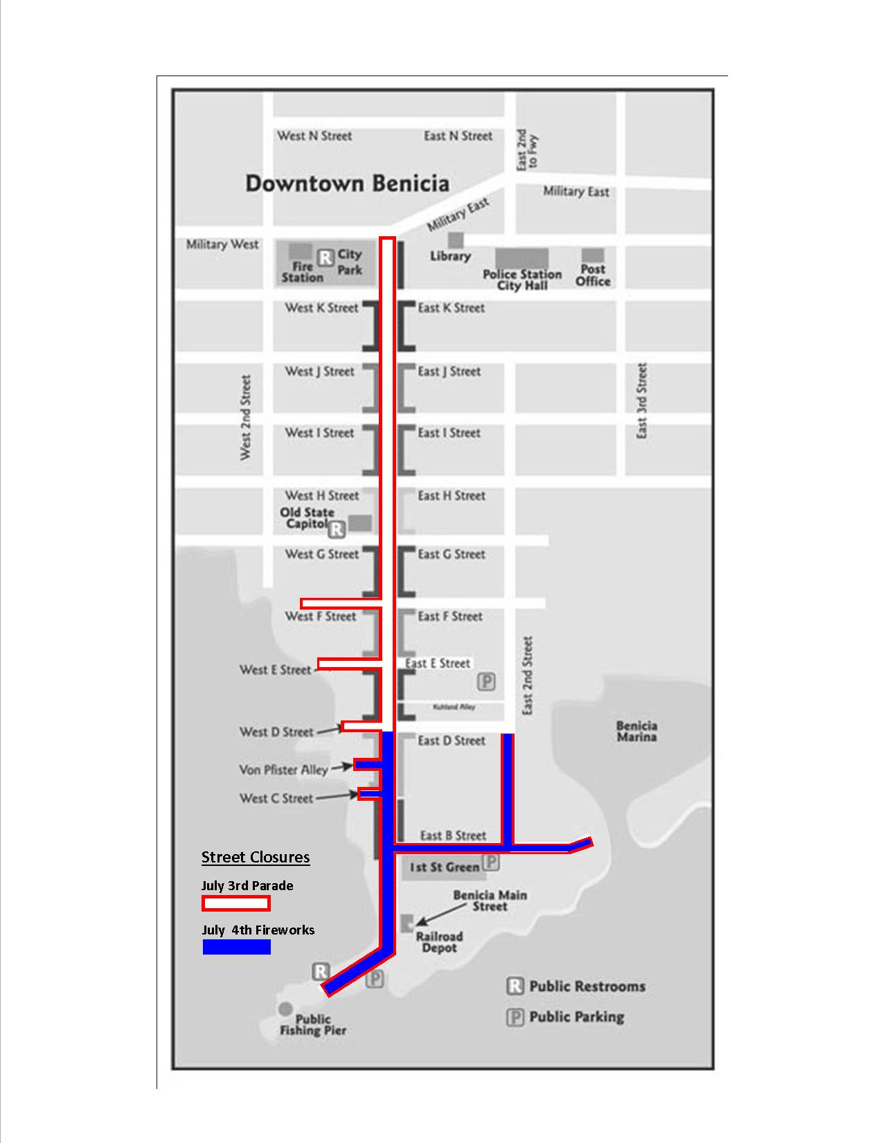 STREET CLOSURES for July 3 and 4 festivities in Benicia. Courtesy Benicia Main Street