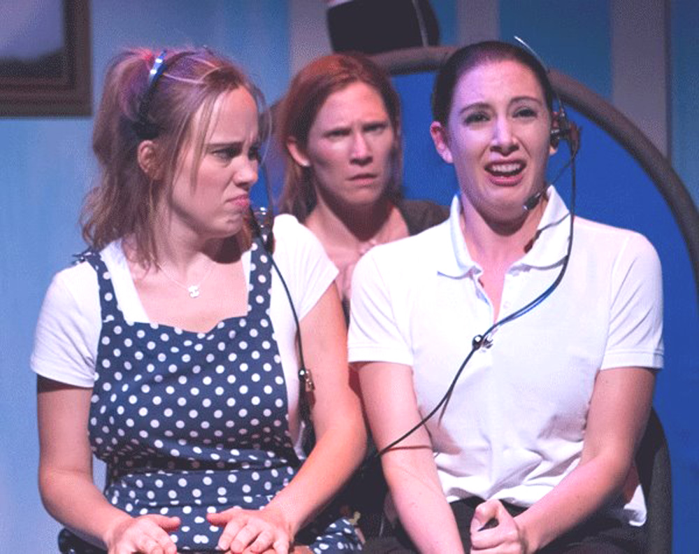 THE PILOT (Krautner, right) reveals her fear of heights to passengers Cass (Katie Kelly, left) and Lois (LC Smith).