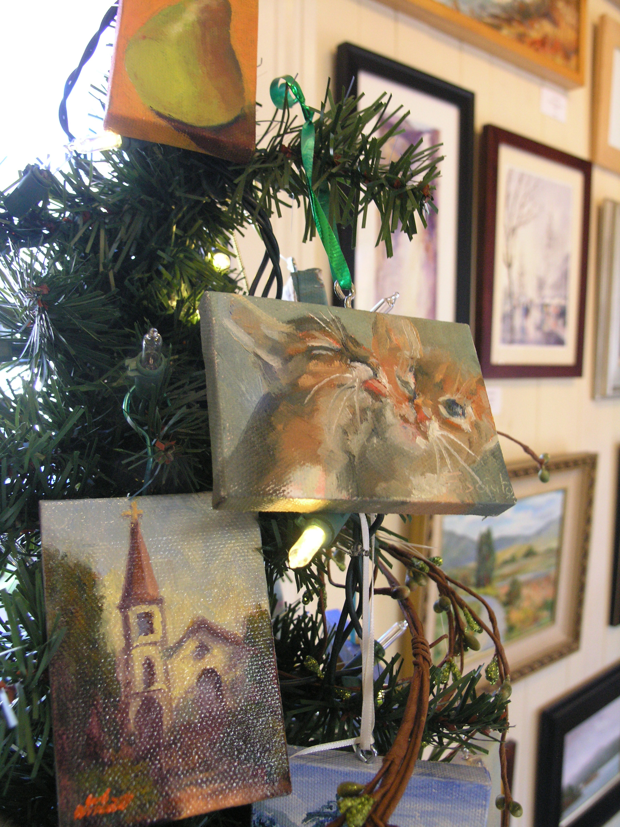 TINY PAINTNGS — “Holiday Minis” — currently grace the tree at Benicia Plein Air Gallery. 