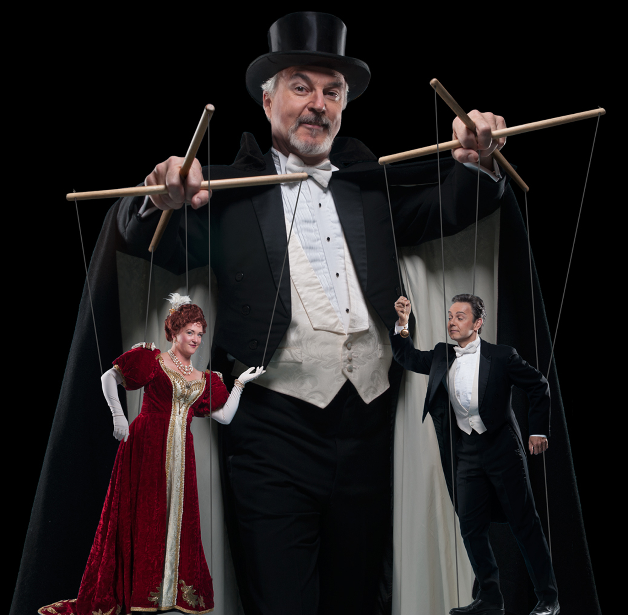 DR. FALKE (William Neely) holds all the strings in “Die Fledermaus,” showing next at the Napa Valley Performing Arts Center in Yountville on Sunday. Left, Jennifer Ashworth as Rosalinde; right, Martin Lewis as Gabriel Eisenstein. Photos by David Allen and Joanne Kay