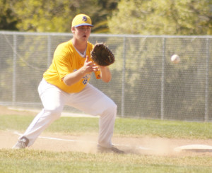 BENICIA’S JASON TOUMBS makes a play at first base against Vacaville last Saturday. Toumbs went 2-for-4 at the plate and drove in two runs but it wasn’t enough as the Panthers lost to Vacaville, 10-6, for their second straight defeat.