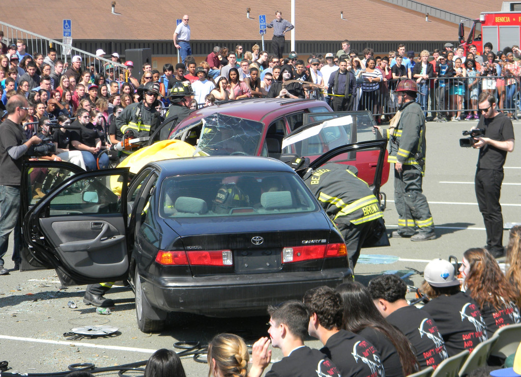 BENICIA POLICE AND FIRE personnel reenacted their work roles as emergency responders during the "Every 15 Minutes" program at Benicia High School Tuesday morning.