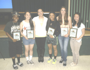 THE SPSV girls basketball program celebrated this past season with an awards banquet Tuesday night. Pictured with varsity head coach Nadine Walker (third from left) are varsity award winners (from left) Dot Bibb, Patrice Yap, Zaria Meshack, Tierney Bates and Makayla Solano.