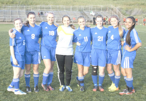 SENIORS ON the Benicia High girls varsity soccer team were honored before Tuesday’s game against Fairfield. The senior Lady Panthers are (from left) Baylee Rowley, Elin Wohlfart, Jenna Rogenski, Virginia Henderson, Emily Wolfe, Kim Fiori, Michelle Minahen and Dominique Calloway.