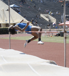 BENICIA’S TAYLOR LOKEY cleared four feet, 10 inches to win the SCAC girls varsity high jump title.