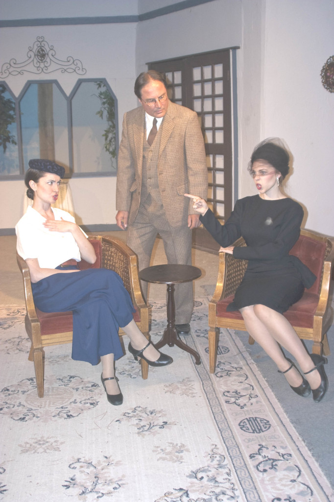 ATESSA McALEENAN-MORRELL, left, Ken Sollazzo and Margaret Gorrell star in Agatha Christie’s “Go Back for Murder,” at the Orinda Community Center Park through July 12. David Dierks photo 