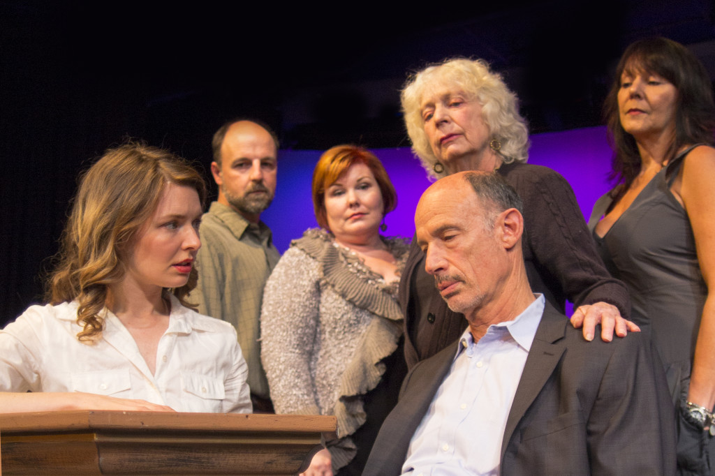 THE CAST OF "Dead Man's Cell Phone," front: Mariah Castle, Charles Isen. Rear, left to right: Dominick Palamenti, Shannon Kase, Lynne Hollander and Katina Letheule.