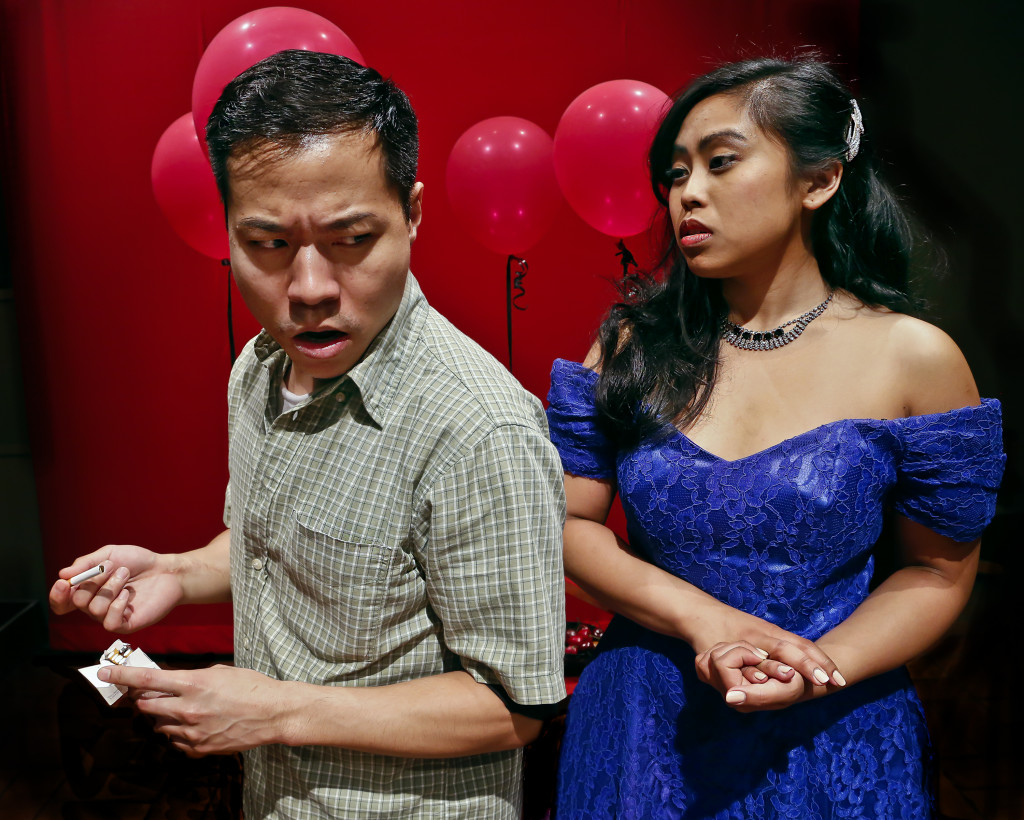 JIAN WAN (Will Dao) runs into his fiancee (Carina Lastimosa Salazar as Meimei) at a party  in “The Crazed,” at the Berkeley City Club through June 22. Jim Norrena photos