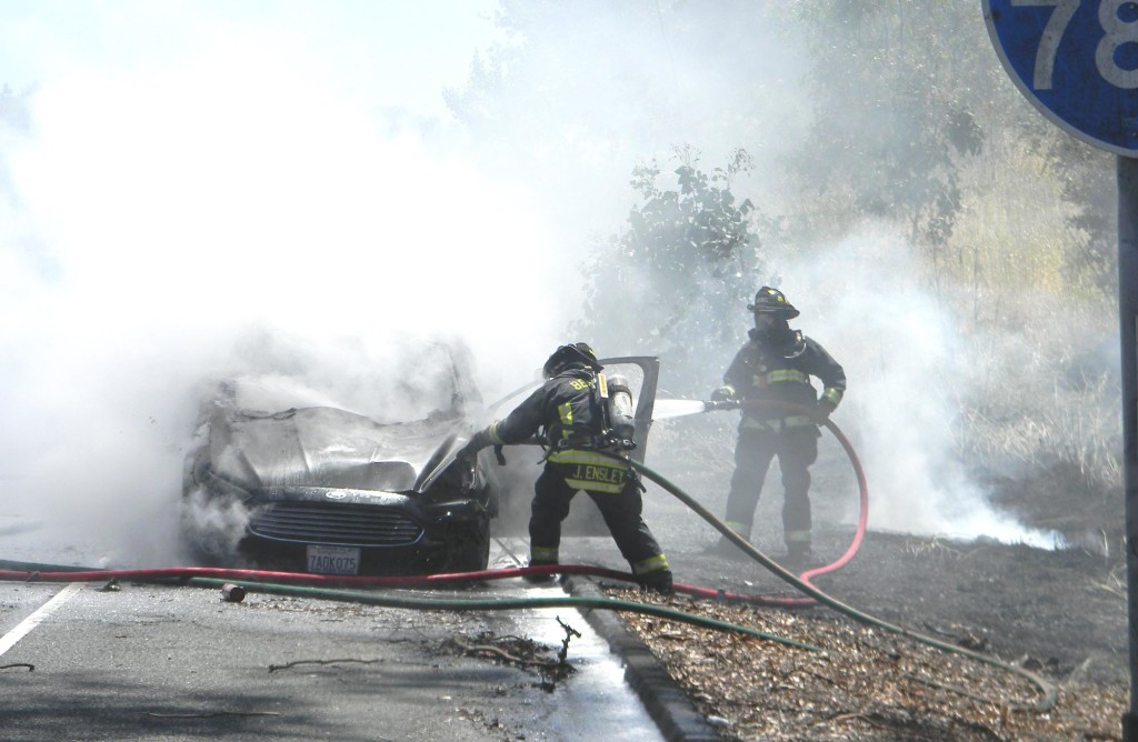 FIRE CREWS extinguished a car fire that spread to vegetation along Interstate 780 on Wednesday. Donna Beth Weilenman/Staff