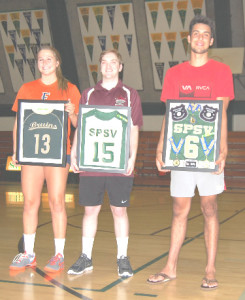 SPSV RETIRED the jerseys of three volleyball players who guided the Bruin boys and girls to Section championships in recent years: (from left) Paige Reed, Matthew Peretto and Gabriel Domecus.