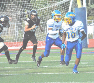 JOVON MCCLANAHAN (10) and his twin brother Jaden (with ball) have been a dynamic duo for the Benicia Youth Football Midget team this season.