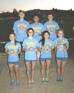 BENICIA HIGH’S varsity cross country program had seven runners earn All-SCAC honors at Wednesday’s league championships held at Community Park. They are (back row from left) John Kuta, Duran Reyes, Luis Ramirez; (front row) Enid Partika, Rachel Kravitz, Allie Yip and Zoe Bumgarner.