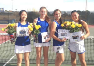 BENICIA HIGH’S girls tennis team honored its four seniors before Thursday’s match with Bethel. Benicia’s senior players are (from left) Belle Chang, Megan Klein, Adeline Morley and Michelle Li.