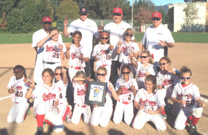 THE BENICIA OUTLAWS 10-under softball team played their final tournament of 2014 in Napa last weekend and finished the season with back-to-back championships. The 10-under Outlaws are (back row from left) coaches Jerome White, Jason Tatro, Steve Walling and Greg Hardesty; (middle row) Taylor Murphy, Dayna Ajari, Zenay’a Terrell, Hailey Weddington, Ashley Hopkins, Braxton Brown; (front row) Ny’kee Owens, Desirae Bally, Kailani Tatro, Alyson Walling, Jessica Hardesty, Jaedyn White, Denise Paulitech and Kylie Jensen.