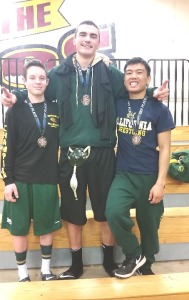 SPSV WRESTLERS Austin Hugo (left) and Triston Foley (center) each won individual championships at the Northgate Tournamenmt while teammate Marlon Cereca took third place.