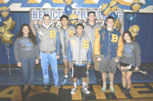 BENICIA HIGH’S wrestling program honored its seniors before Wednesday night’s dual meet with visiting Fairfield. Pictured are (from left) Cecilia Yaniz, Joseph Hurst, Brandon Ajari, Christian Ramos, Jimmy Butts, Steven Rohrer and Ricki Liang.