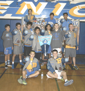 BENICIA HIGH had a dozen wrestlers win individual titles at the Solano County Athletic Conference championships on Friday. Winners include (back row from left) Brandon Ajari, Lysander Mahilum, Joseph Salt; (middle row) Ryley Boutain, Fernando Lanza, Imad Adel, Christian Ramos, Alejandro Lanza, Tyler Kay, Joseph Hurst; (front row) Mason Boutain and Steve Rohrer.