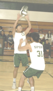 SETTER DOMINIC NICOLAS (13) and senior Patrick Basco (31) will try to lead the Bruins to another TCAL boys volleyball championship.