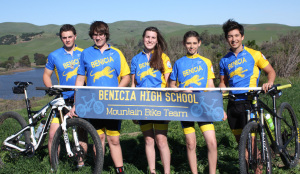 BENICIA HIGH’S mountain bike team had a nice season debut last Saturday at East Garrison, Fort Ord in Monterey County. The team is (from left) Chris Thatcher, Spencer Cromer, Emily Radtke, Taylor Mari and team captain Hunter Dean.