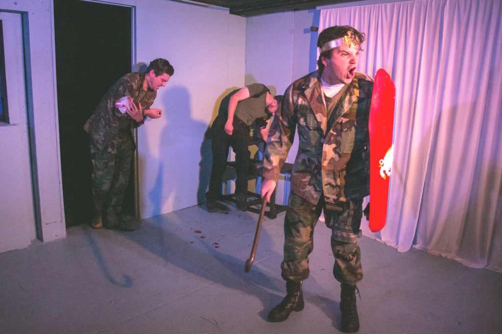RICHARD (Sean Mirkovich, right) in combat with compatriots Catesby (Mike Delaney, left) and Sir Richard Ratcliff (Miyaka Cochrane) in Richard III, at Impact Theatre, Berkeley through April 5. Cheshire Isaacs photos