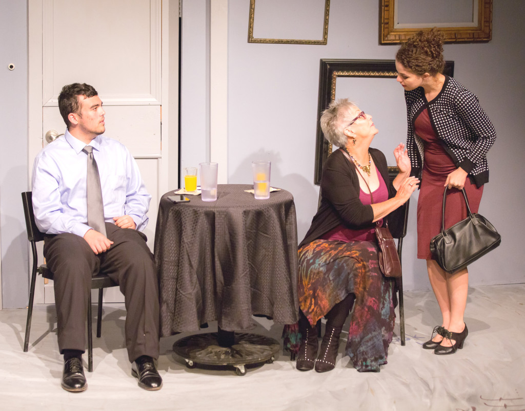 FROM LEFT, Charles Jaeger, Patte Quinn and Megan Palagi get their wires crossed in “The Blind Date.”