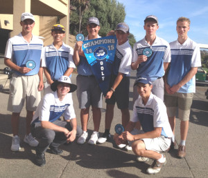 BENICIA HIGH'S boys golf team proudly displays their SCAC championship banner and All-League patches. The Panthers are (standing from left) Nick Flores, Nick Cillo, Zack McClure, Dustin Sparks, Connor Hatfield, Mikkel West; (front row) Riley McCracken and Evan Cuenco.