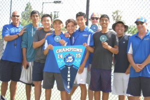 BENICIA HIGH’S boys tennis team heads into the postseason as SCAC champions. Pictured are (from left) assistant coach Rich Taylor, Emad Abdul-Wajid, Brian Hung, Nate Tabtab, Aidan McAninch, Nick Menjibar, Anders Knutstad, Rajon Bhatia, Andrew Butawan and head coach Joe Perrin.