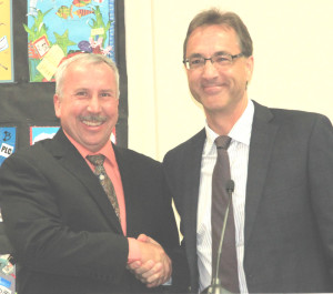 BENICIA UNIFIED SCHOOL DISTRICT’S new superintendent, effective July 1, will be Charles Young, right (with BUSD Trustee Gary Wing). Keri Luiz/Staff