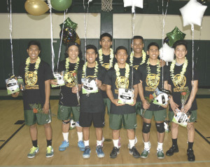SPSV’S BOYS volleyball program honored its senior players before Wednesday night’s home match against Salesian. The Bruins seniors are (from left) Dominic Nicolas, Deo Boongaling, John Cuevas, Patrick Basco, Anthony Nogaliza, Max King, Mark Perez and Ryan Villaseran.