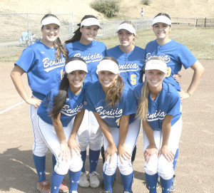 BENICIA’S SENIOR softball players celebrated their final home game with a 10-0 victory over American Canyon. The Lady Panthers seniors are (back row from left) Victoria Mackey, Brianna Schlattman, Lindsay Zimmer, Alana Combes; (front row) Olivia DeJesu, Mallory Barnard and Courtney Bowling.