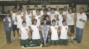 THE BRUINS hold up seven fingers after winning their seventh straight league boys volleyball championship with a sweep of Hercules.