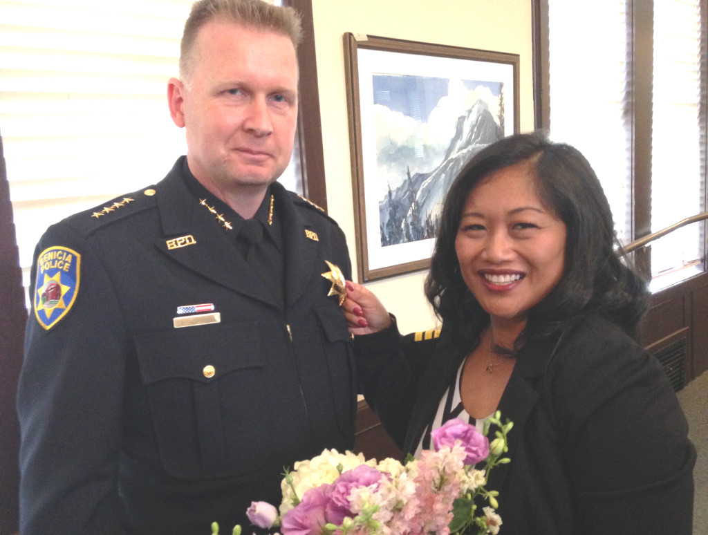 CHIEF ERIK UPSON and his wife, Janet, at his swearing in ceremony on Tuesday. Donna Beth Weilenman/Staff