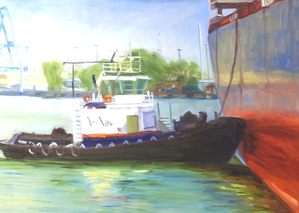 “THE BIG PUSH” by Iris Sabre is one of 13 paintings in Streets and Straits in Poetry and Paint in the Marilyn Citron O’Rourke Gallery at Benicia Public Library. A reception will be Aug. 1 from 3-5 p.m. at the library, 150 East L St. Below, "Skipping Stones" by Marshall Lockman. Courtesy images
