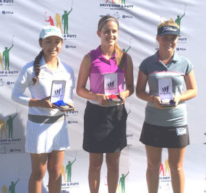 BENICIA HIGH sophomore Sofia Young (left) poses with fellow medalists Katie Kester and Morgan Goldstein with their medals after placing in the overall competition in the Drive, Chip and Putt Regional Finals at Chambers Bay. Young won the competition and advances to the National Championships at Augusta.