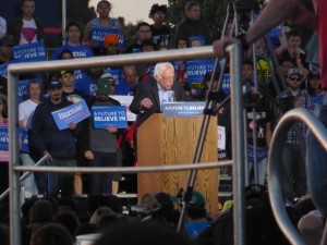 Sanders was closely surrounded by supporters at the rally Wednesday, as viewed through the rails of a centralized press platform. (Photo by Elizabeth Warnimont)