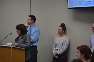 (Left to right) Schedule Advisory Committee members Carleen Maselli, Sean Thompson, Sophie Silberman and Morgan Hill answer questions from the school board about the committee's report requesting a new bell schedule at Benicia High School./Photo by Nick Sestanovich