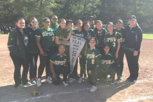 SPSV’S SOFTBALL team poses with the championship banner after crushing top-seeded Pinole Valley in Friday’s Tri-County Athletic League Tournament title game.