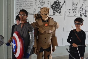 (Left to right) Benicia Middle School students Bryce Eldredge, Chris Goodman, Ronald Goodman and Adam Mollica walk around campus dressed as Avengers characters Thor, Captain America, Iron Man/War Machine and Hawkeye respectively. The idea was to publicly display the suit that Ronald created as the final proejct for his advanced art class. (Photo by Nick Sestanovich)