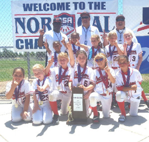 THE BENICIA OUTLAWS 8-under softball team won its second straight NorCal Regional Tournament championship. The 8-under Outlaws are (back row from left) coaches Jerome White, Steve Walling and Ed Rojas; (middle row) Jasmyn White, Alana Robinson, Kylie Ladner, Olivia Kundysek, Cierra Ray; (front row) Ava Rojas, Christina Thomsen, Vanessa Smith, Emma French, Alyson Walling and Leilani Andrews.