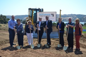 (Left to right) Benicia Unified School District Chief Business Official Tim Rahill, Bond Oversight Committee Chair Ellen Blaufarb, school board trustee Diane Ferrucci, trustee Peter Morgan, Superintendent Charles Young, Benicia High School Principal Brianna Kleinschmidt, school board President Gary Wing and trustee Stacy Holguin break ground for Benicia High's new stadium Wednesday. Construction is expected to be completed by spring. (Photo by Nick Sestanovich)