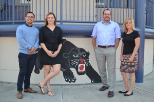 Far left) Mynor Maldonado joins (Left to right) Megan Guenther, Justin Keppel and Kathleen Wallace as Benicia High School's newest counselor. His hiring comes after years of calls for a fourth counselor to ease the caseload for all of the department's student advisers. (Photo by Nick Sestanovich)
