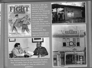 A page from the book, "Benicia Friends and Classmates 1956 through 1970," available for viewing at the Benicia Public Library. Images include the original library, the famed fight between Corbett and Choynski former Herald editor Kenneth Knight Jr. (Courtesy photo)
