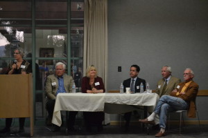 Gayle Vaughan, the president of the League of Women Voters Benicia (Far left) introduces the City Council candidates (Left to right) Steve Young, Christina Strawbridge, Lionel Largaespada, George Oakes and Tom Campbell at the LWV's candidate meet and greet event at the Benicia Public Library. Also present were the mayoral candiates Elizabeth Patterson and Mark Hughes. (Photo by Nick Sestanovich)