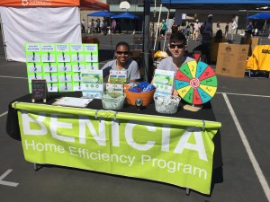 Benicia Home Efficiency Program interns Amaya Clark and Jonathan Driggers, run the organization's table at the Benicia Mini Maker Faire, held at Benicia Middle School in April. (Photo courtesy of Staci Givens)