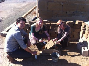 CAN YOU DIG IT?: (Left to Right) UC Berkeley archaeology graduate student David Hyde, Benicia Historical Museum Office Manager Katelynn Burmark and museum Executive Director Elizabeth D'Huart build Adobe bricks, one of the many activities to be offered at next weekend's "I Dig Benicia!" event, in which children can uncover Benicia's past through excavation. (Photo by Nick Sestanovich)