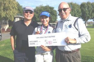 SOFIA YOUNG (center) shot a 1-over-par 73 at the Sac-Joaquin Section Masters Golf Tournament on Monday and became the first golfer in Benicia High history to reach the Northern California Tournament.