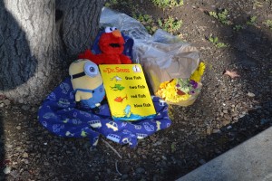 A makeshift memorial was set up Monday outside the Benicia Senior Center, where a 4-year-old boy was killed after a car accidentally was shifted into reverse. People dropped off flowers as well as toys in remembrance. (Photo by Nick Sestanovich)