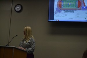 Roxanne Egan, Measure S bond director, briefly talks about the stadium renovation before handing the microphone to Patrick Wilson. (Photo by Nick Sestanovich)