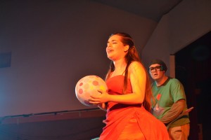 Mayzie La Bird, played by Maya Singh Sharkey, holds the egg that Horton the Elephant, played by Hamish Hinsdale, sat on for 51 weeks. (Photo by Nick Sestanovich)